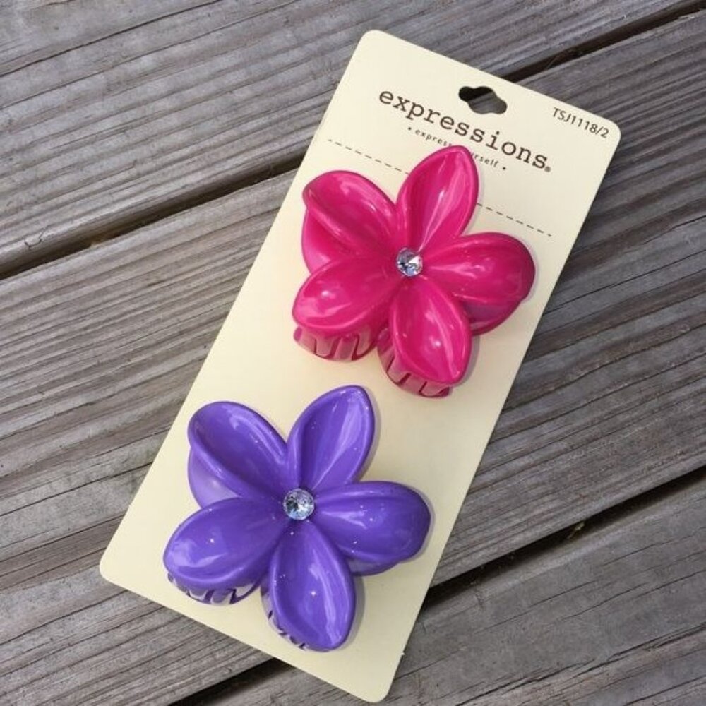 2 Tropical flower Summer Chunky hair clips Rhinestone set Pinch Big Colorful🌺